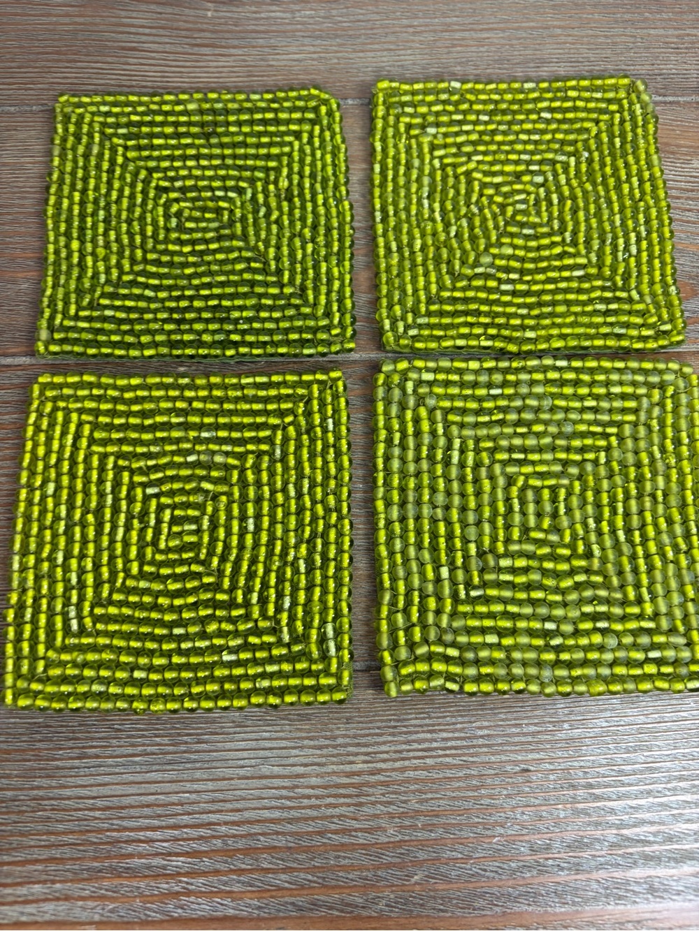 NWT Pottery Barn Green Glass Beaded Coasters Set of Four 4” Square Made in India